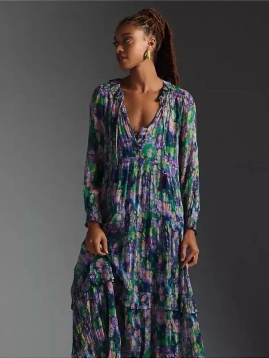 Anthropologie Dresses & Skirts - Anthropologie Marais Dress XL Chiffon Purple Green Boho Ruffle Maxi Balloon